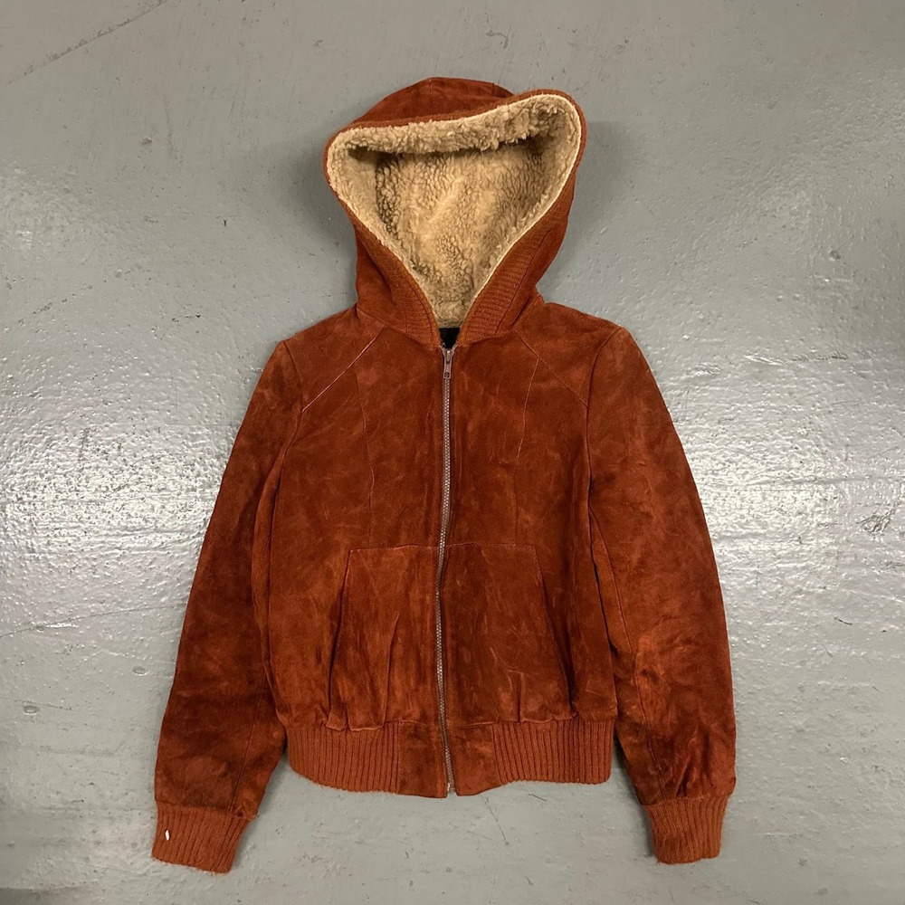 Vintage Wilsons Womens Suede Leather Jacket Small Brown Preowned Sherpa Hooded